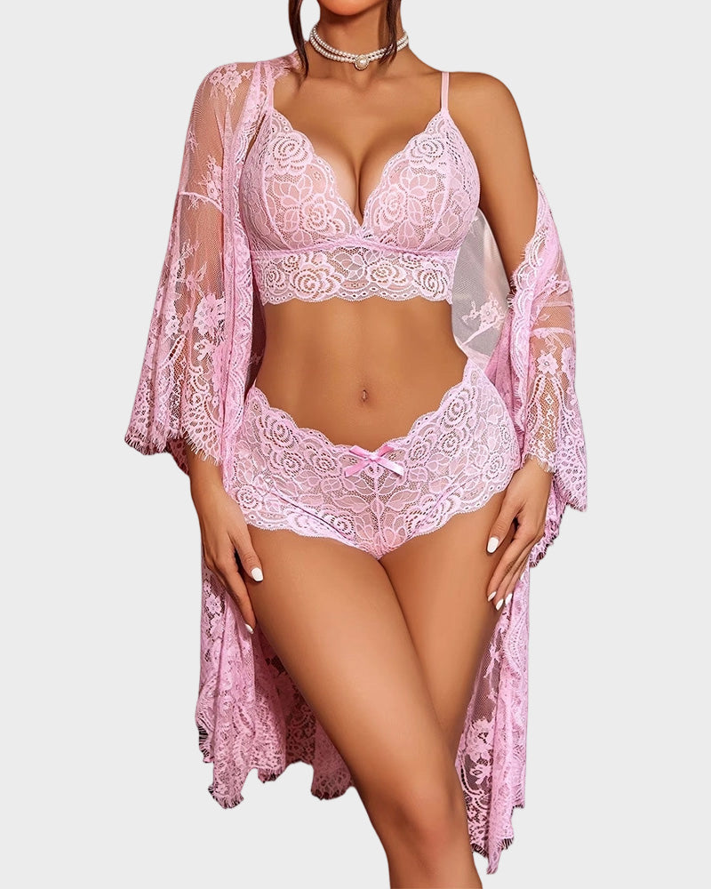 3-Piece Lace Bralette Sleepwear Set with Robe