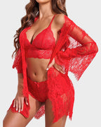 3-Piece Lace Bralette Sleepwear Set with Robe