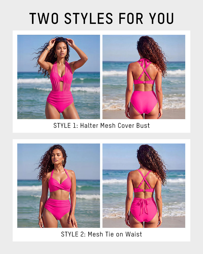 Two-Way Mesh High-Waisted Tummy Control Bikini Set