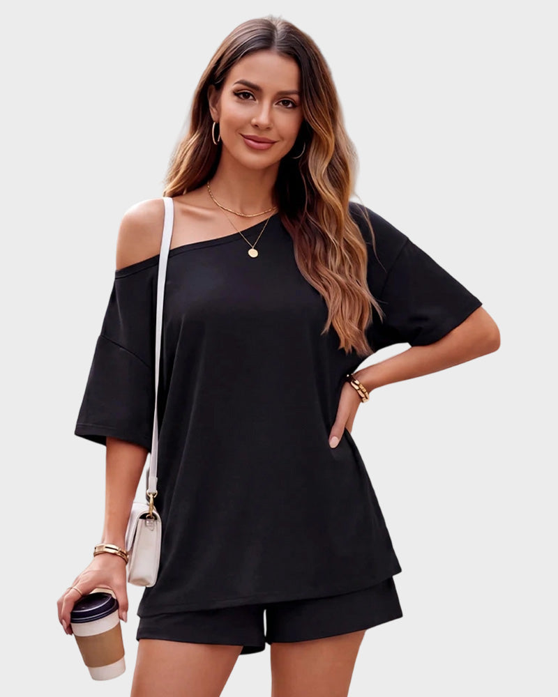 Off-Shoulder Lounge Set with Fitted Shorts