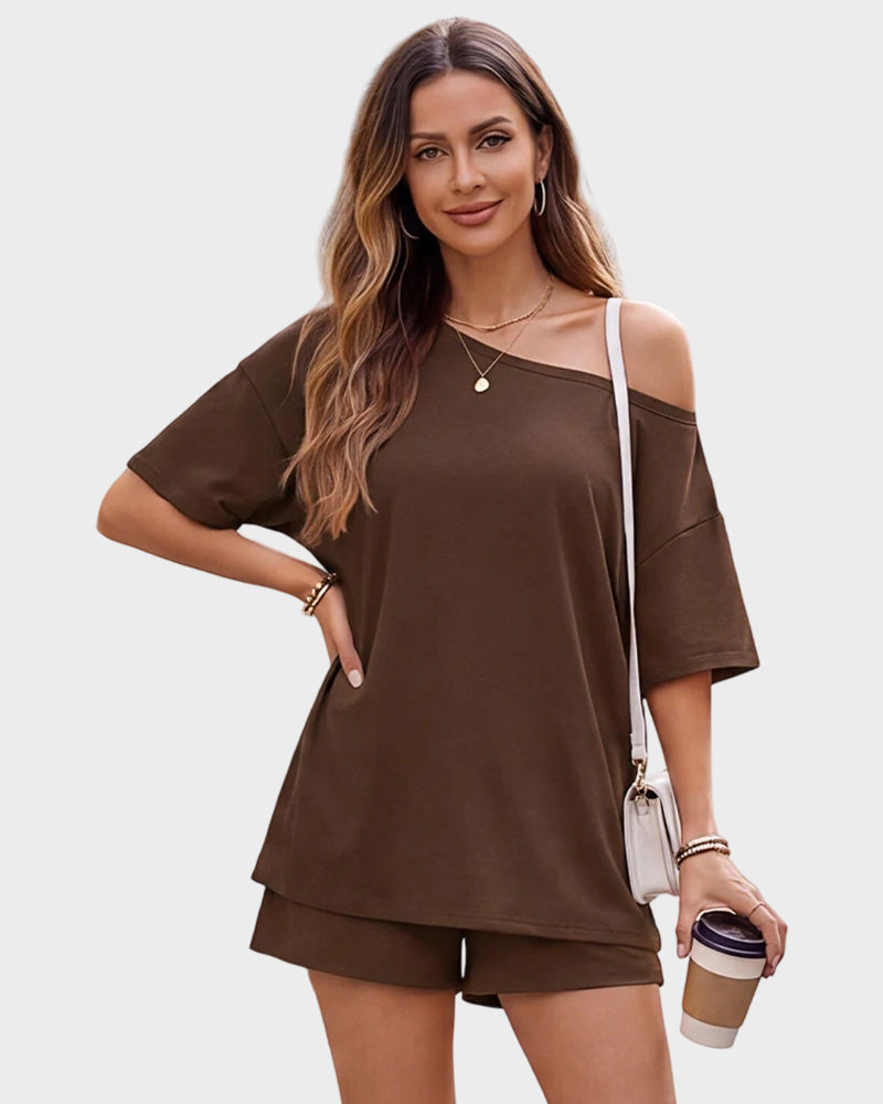 Off-Shoulder Lounge Set with Fitted Shorts