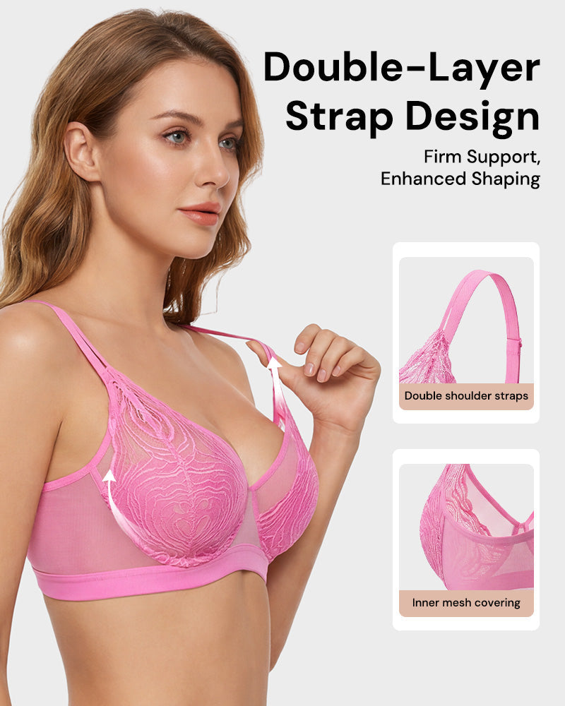Plus Size Lace Mesh Full-Coverage Underwire Bra